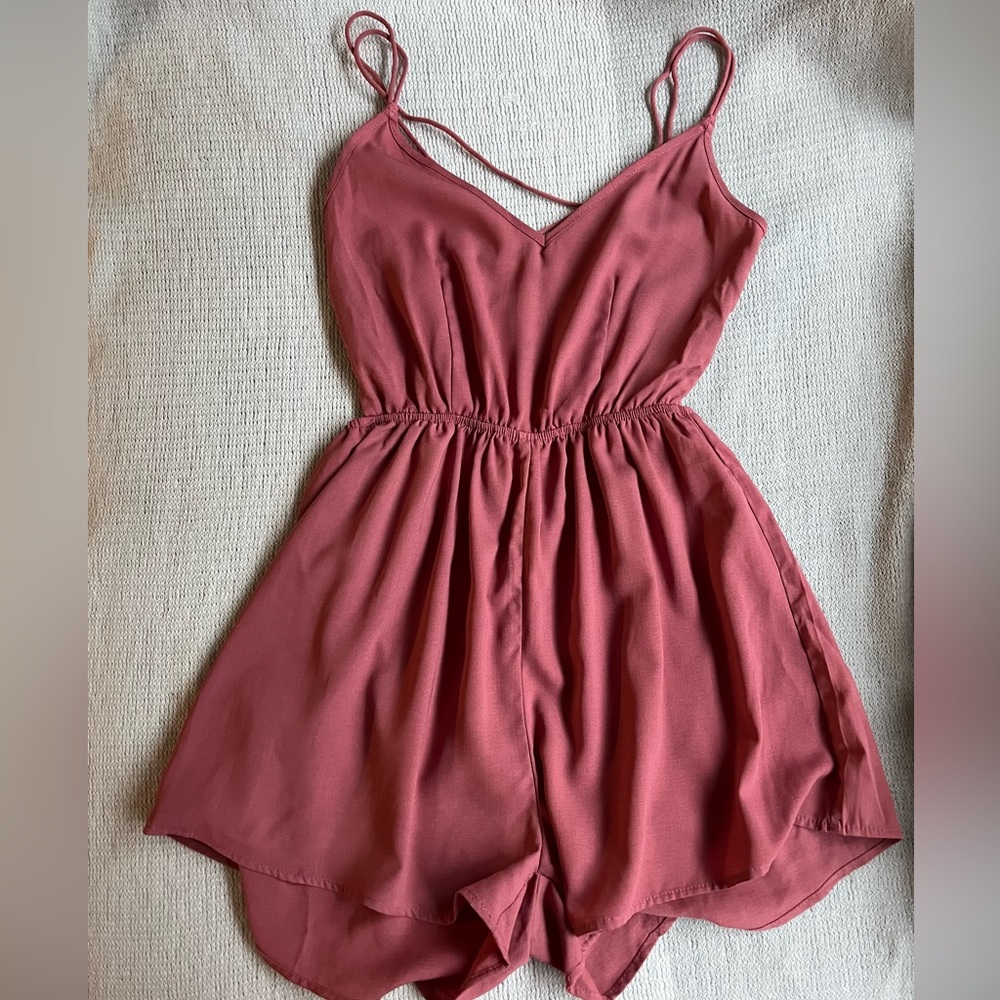 Dusty Rose Chiffon Lace Back Romper